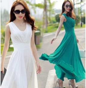 White green plain colored Tank v neck sleeveless chiffon summer women girls fashion Aline maxi long length floor length bohemia beach dresses 